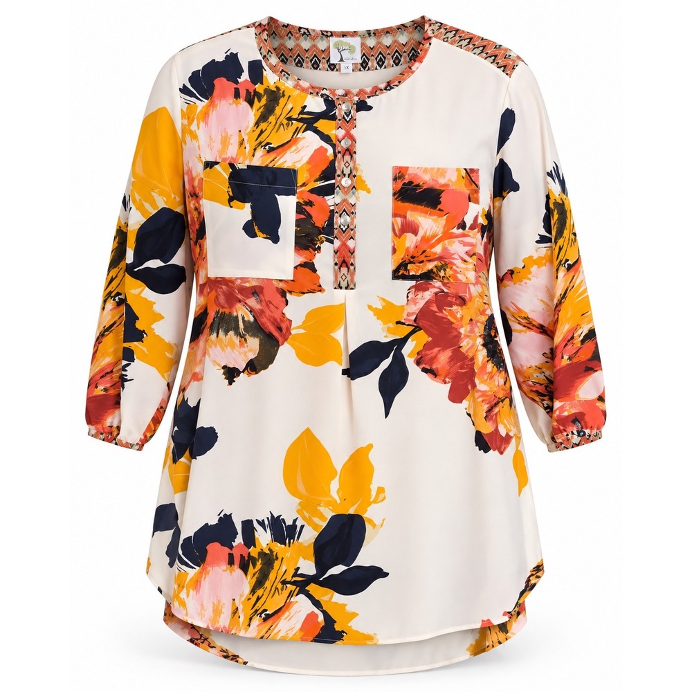 Fig and Flower Floral Geometric Tunic Top XL Orange Blue Boho Button Blouse